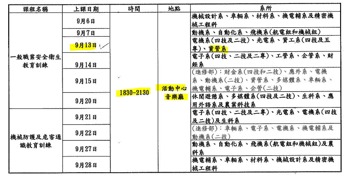 一般職業安全衛生教育訓練活動時間表